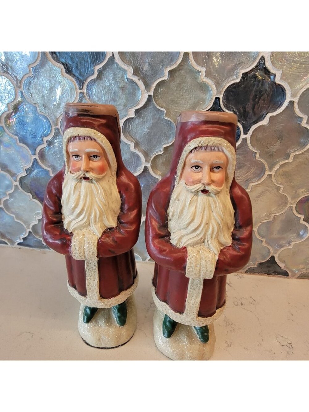 Old World Santa Set of Candlesticks Christmas Figurines Centerpiece Holiday EUC
